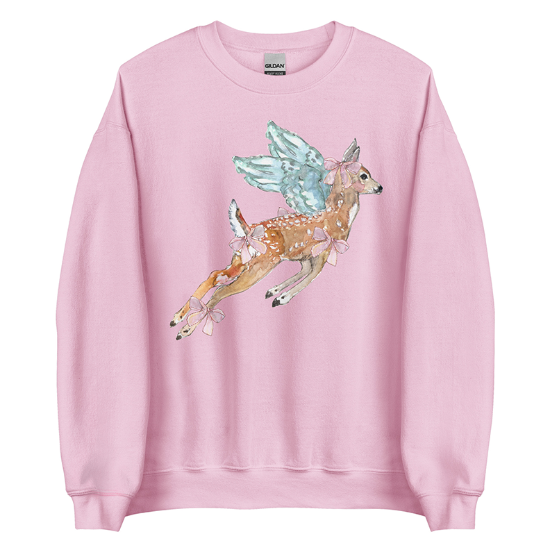 Angel Frolic | Coquette Fawn Women’s Sweatshirt | Watercolor Deer Art Pullover (Unisex)