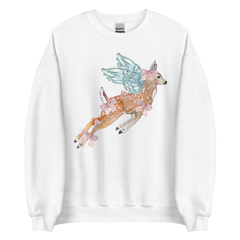 Angel Frolic | Coquette Fawn Women’s Sweatshirt | Watercolor Deer Art Pullover (Unisex)