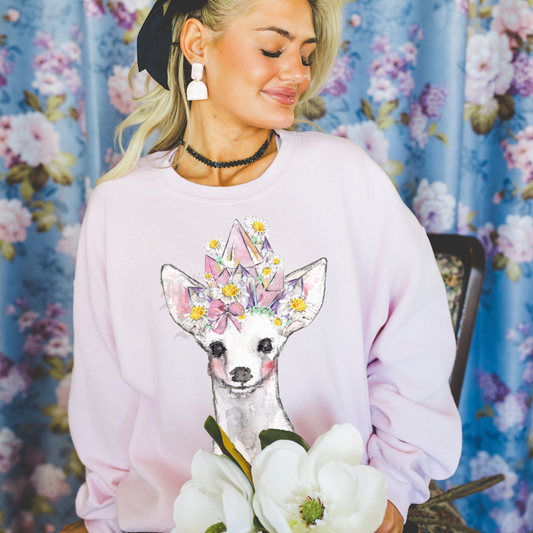 Crystal Fawn (White) | Coquette Fawn Women’s Sweatshirt | Watercolor Deer Art Pullover (Unisex)