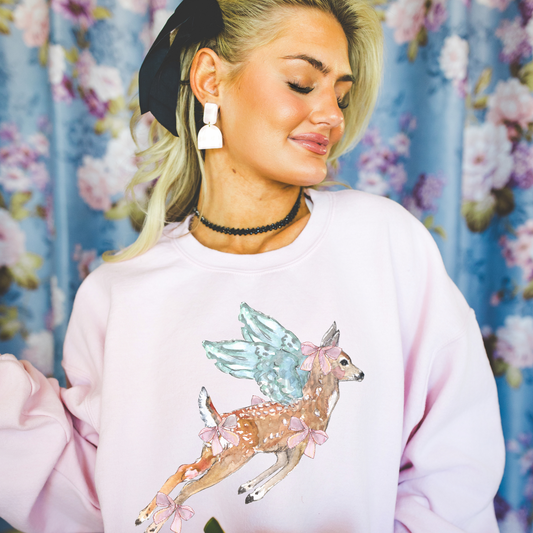Angel Frolic | Coquette Fawn Women’s Sweatshirt | Watercolor Deer Art Pullover (Unisex)