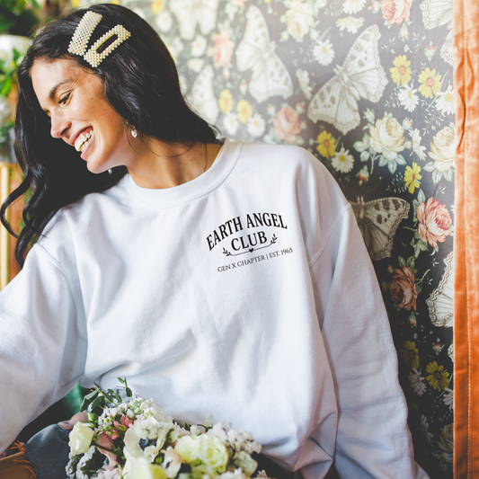 Earth Angel Club Sweatshirt – Women’s Cozy Crewneck (Unisex | Gen X Edition)