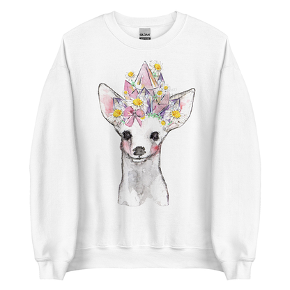 Crystal Fawn (White) | Coquette Fawn Women’s Sweatshirt | Watercolor Deer Art Pullover (Unisex)